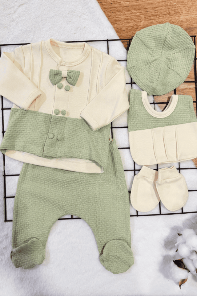 Papyonlu Çift Düğmeli Yenidoğan Erkek Bebek 5li Zıbın Set Hastane Çıkışı