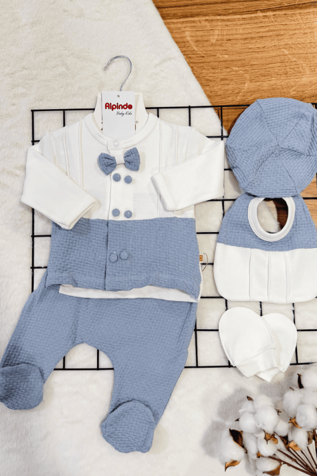 Papyonlu Çift Düğmeli Yenidoğan Erkek Bebek 5li Zıbın Set Hastane Çıkışı