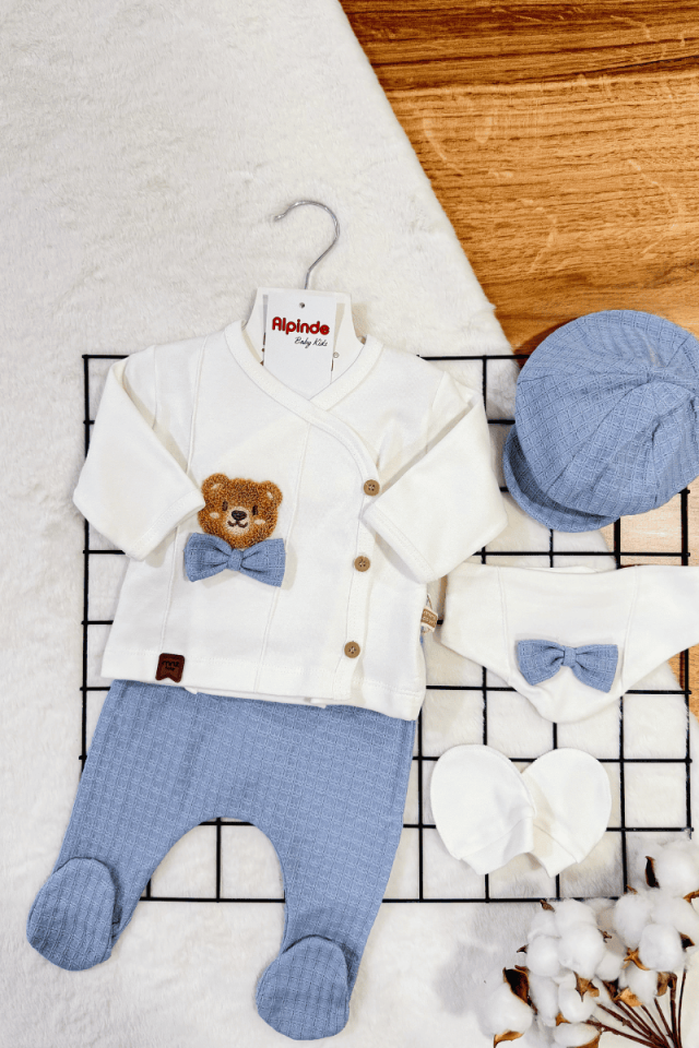 Ayıcık Nakışlı Yenidoğan Erkek Bebek %100 Pamuk 5li Zıbın Set