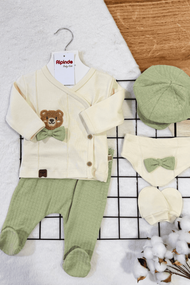 Ayıcık Nakışlı Yenidoğan Erkek Bebek %100 Pamuk 5li Zıbın Set