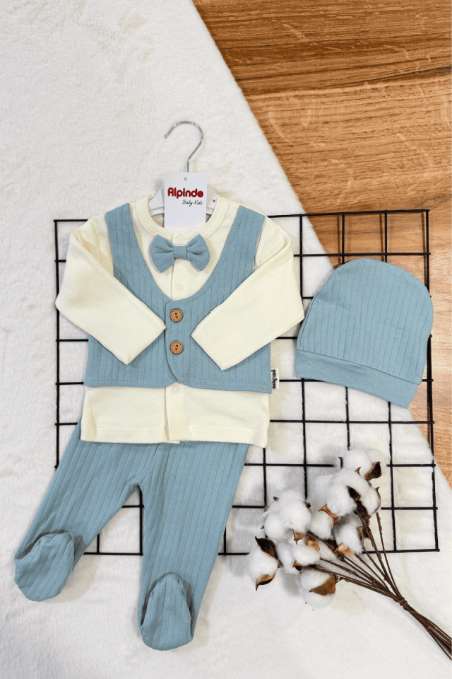 Sahte Yelekli, Papyonlu, Kendinden Eldivenli 3 Parça Zıbın Takım