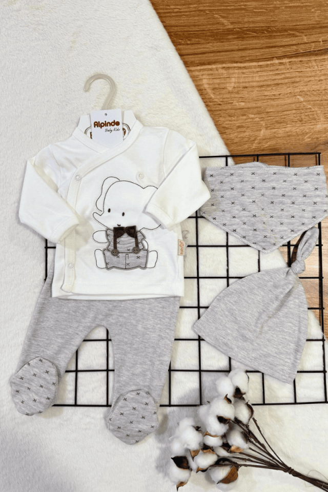 Fil Nakışlı %100 Pamuklu 4 Parça Zıbın Takım