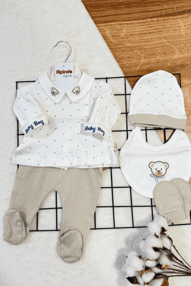 Yakası Ayıcık Nakışlı Puanlı Yenidoğan %100 Pamuklu Erkek Bebek 5li Zıbın Set