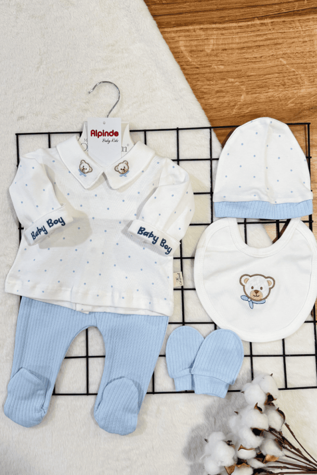 Yakası Ayıcık Nakışlı Puanlı Yenidoğan %100 Pamuklu Erkek Bebek 5li Zıbın Set
