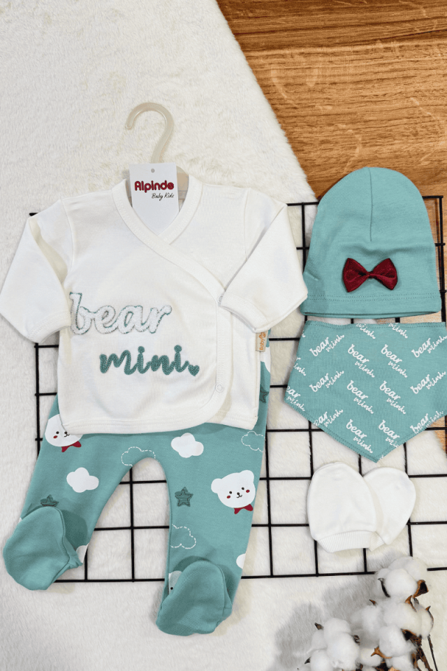 Bear Mini Punch Nakışlı %100 Pamuklu 5li Zıbın Set