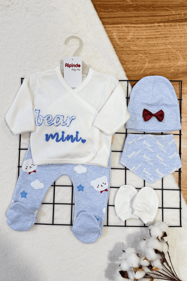 Bear Mini Punch Nakışlı %100 Pamuklu 5li Zıbın Set