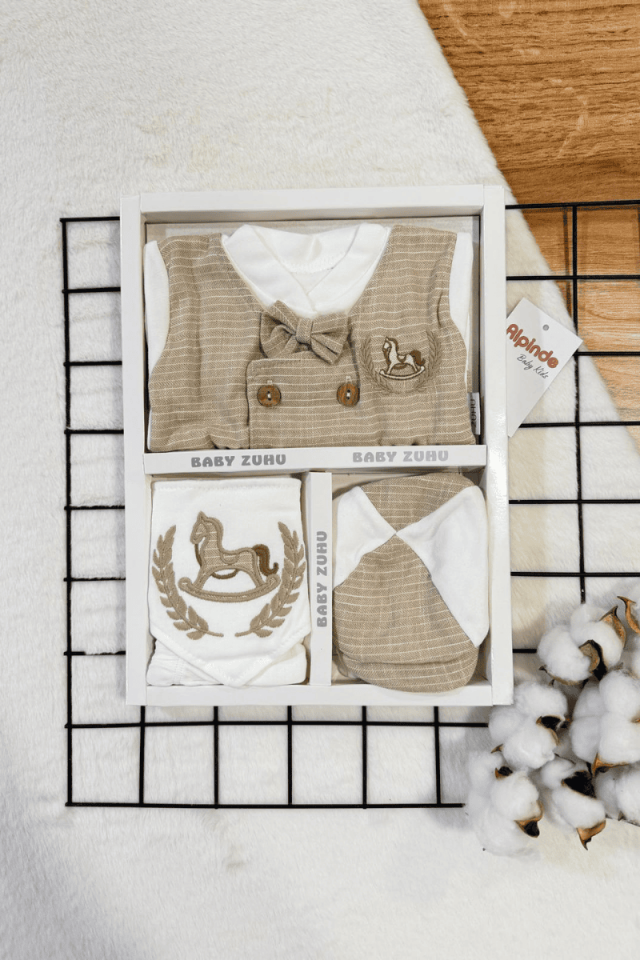 Çift Düğmeli Yelekli  Sallanır At Nakışlı %100 Pamuk 5li Zıbın Set