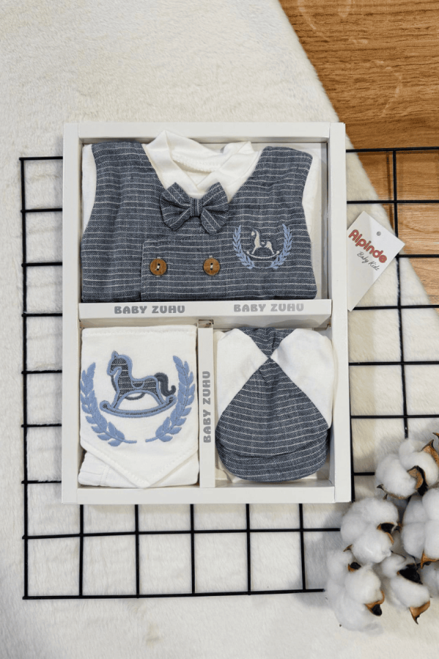 Çift Düğmeli Yelekli  Sallanır At Nakışlı %100 Pamuk 5li Zıbın Set