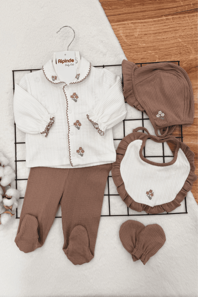 Çiçek Demeti Nakışlı %100 Pamuklu 5li Zıbın Set