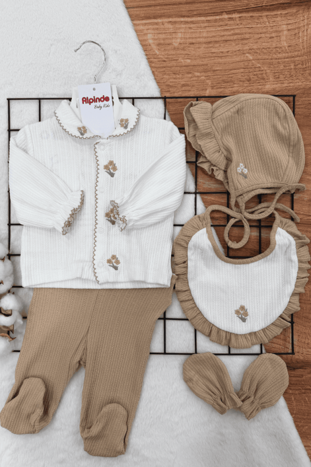 Çiçek Demeti Nakışlı %100 Pamuklu 5li Zıbın Set