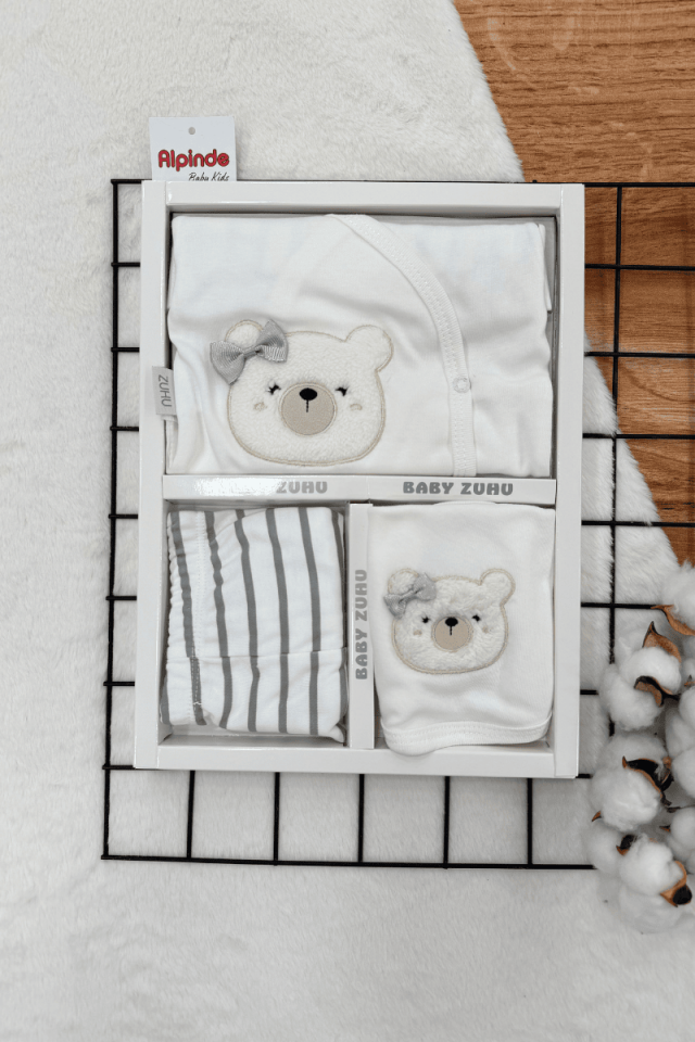 Ayıcık Kafa Nakışlı %100 Pamuklu Yenidoğan Kız Bebek 5li Zıbın Set