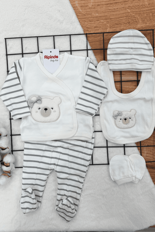 Ayıcık Kafa Nakışlı %100 Pamuklu Yenidoğan Kız Bebek 5li Zıbın Set