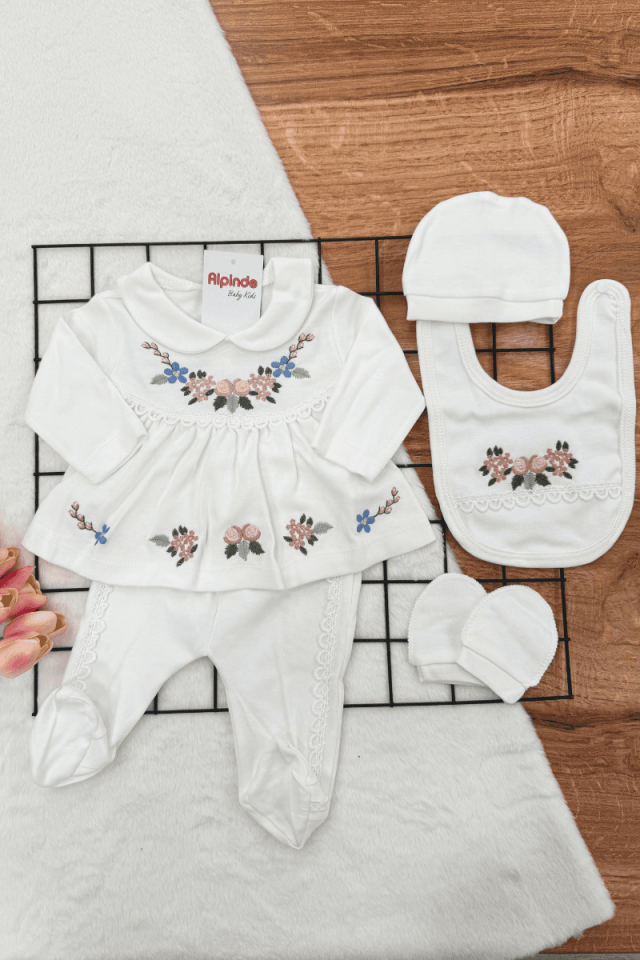 Çiçek Nakışlı %100 Pamuklu Yenidoğan Kız Bebek 5li Zıbın Set