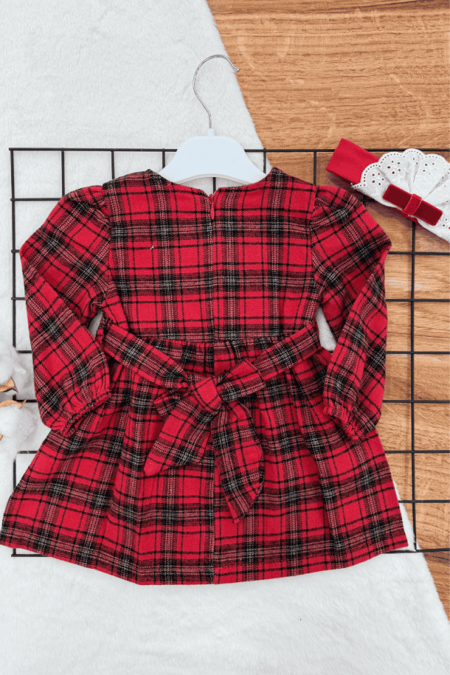 Kız Ekose Kemeri Taş Detaylı Kaşe Kumaş Elbise ( 9-24 )ay