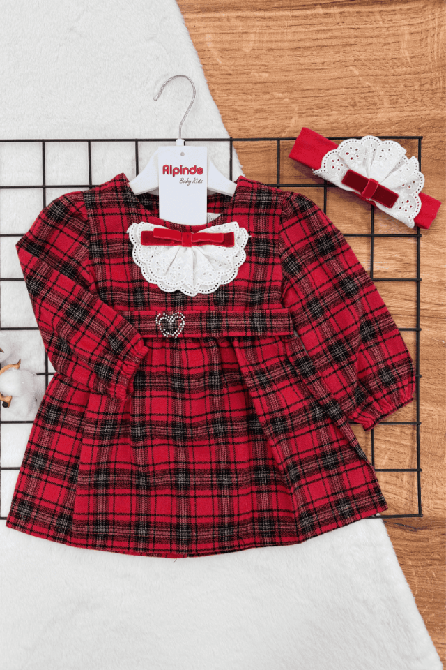 Kız Ekose Kemeri Taş Detaylı Kaşe Kumaş Elbise ( 9-24 )ay