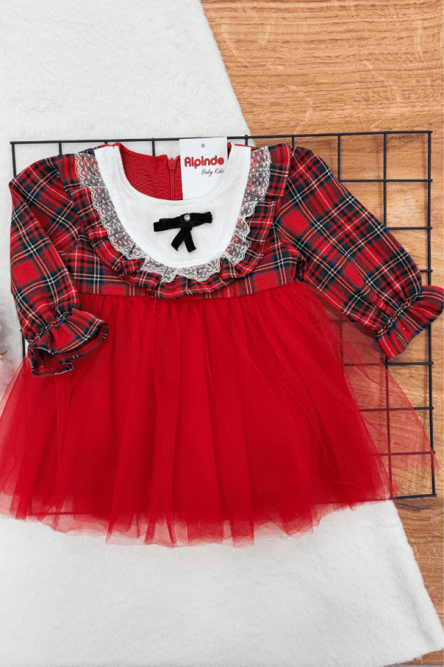 Kız Ekose Yaka Fırfır Detaylı Eteği Tütülü Elbise ( 09 - 24 Ay )