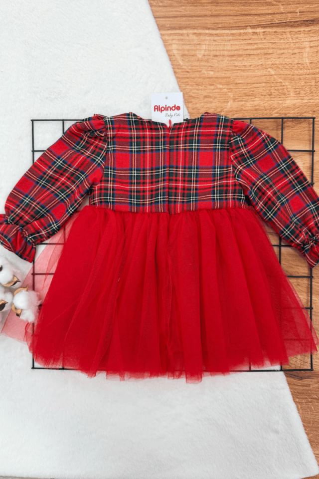 Kız Ekose Yaka Fırfır Detaylı Eteği Tütülü Elbise ( 09 - 24 Ay )