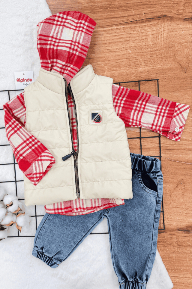 Oduncu Gömlek Yelekli Kot Pantolonlu Takım (6-18 Ay)