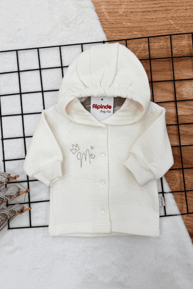 Taçlı Me Nakışlı Organik Pamuklu  Kapitone Bebek Hırka (1-3-6 Ay) Somon