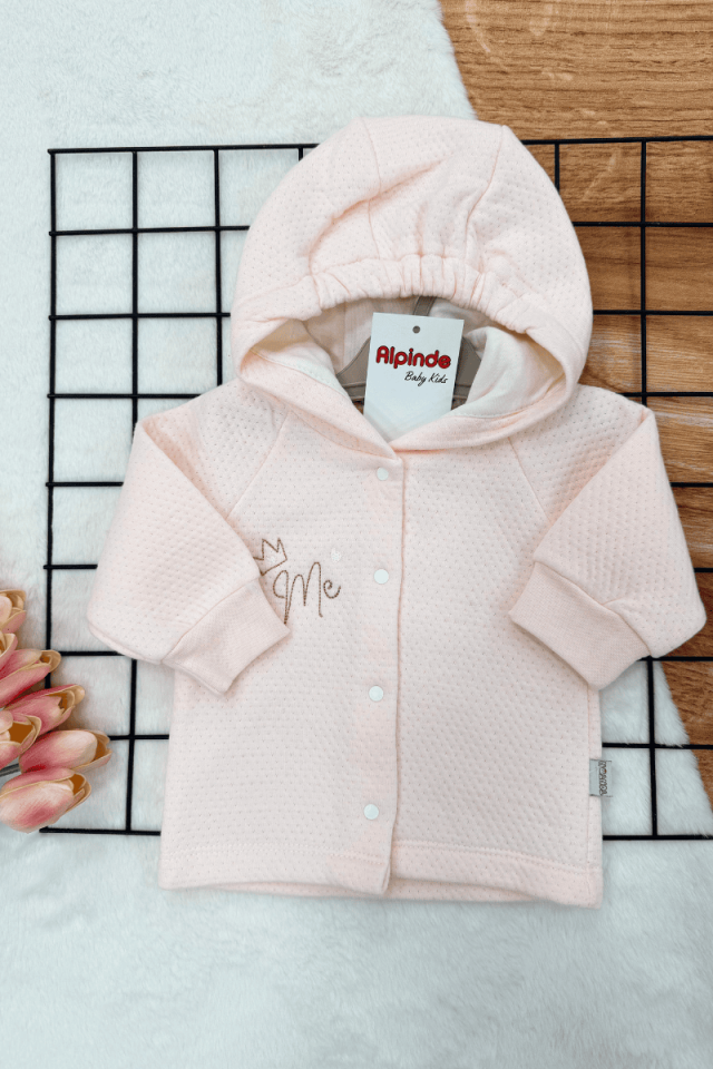 Taçlı Me Nakışlı Organik Pamuklu  Kapitone Bebek Hırka (1-3-6 Ay) Krem