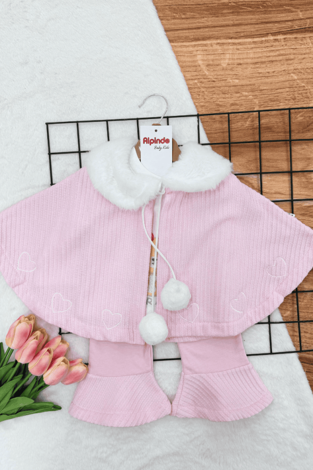 Pelerinli İspanyol Paça Taytlı Kız Bebek 3'lü Takım (3-6-9Ay)