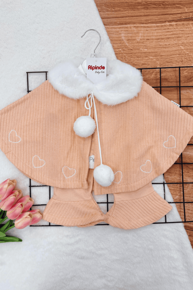 Pelerinli İspanyol Paça Taytlı Kız Bebek 3'lü Takım (3-6-9Ay)