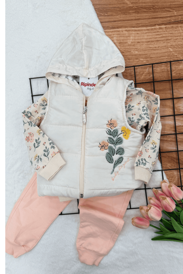 Sweat Çiçek Baskılı Yeleği Çiçek Nakışlı Kız Bebek 3lü Takım