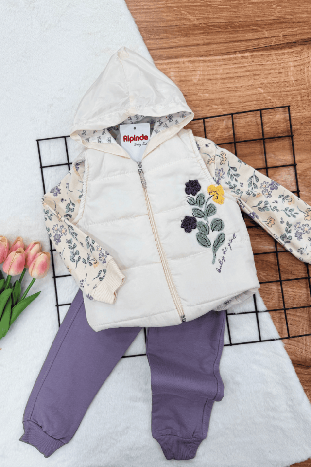 Sweat Çiçek Baskılı Yeleği Çiçek Nakışlı Kız Bebek 3lü Takım