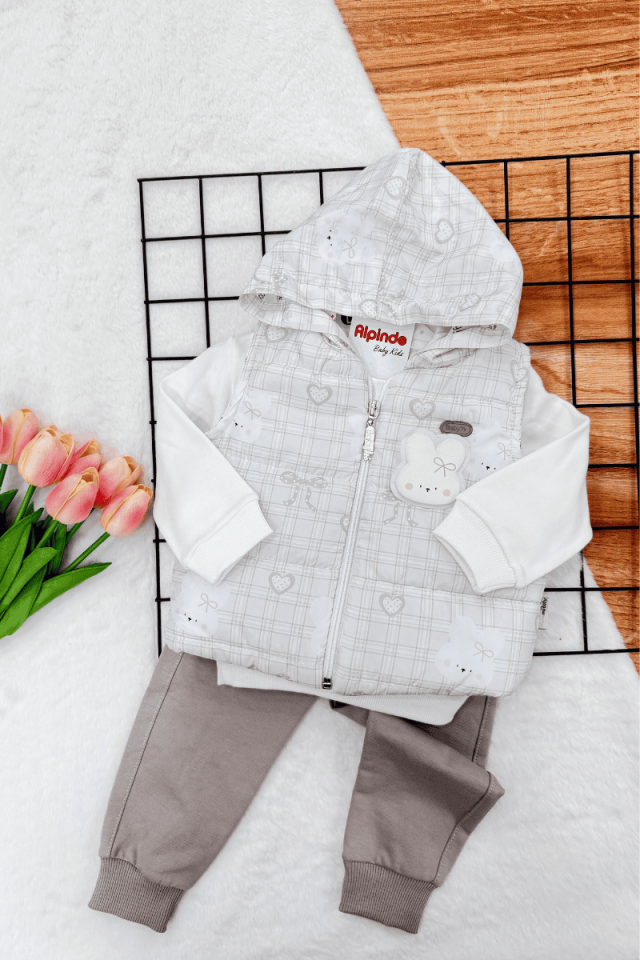 Tavşan Baskılı Yelekli Kız Bebek 3lü Takım (6-9-12 Ay)