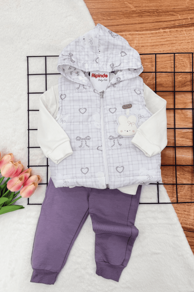 Tavşan Baskılı Yelekli Kız Bebek 3lü Takım (6-9-12 Ay)