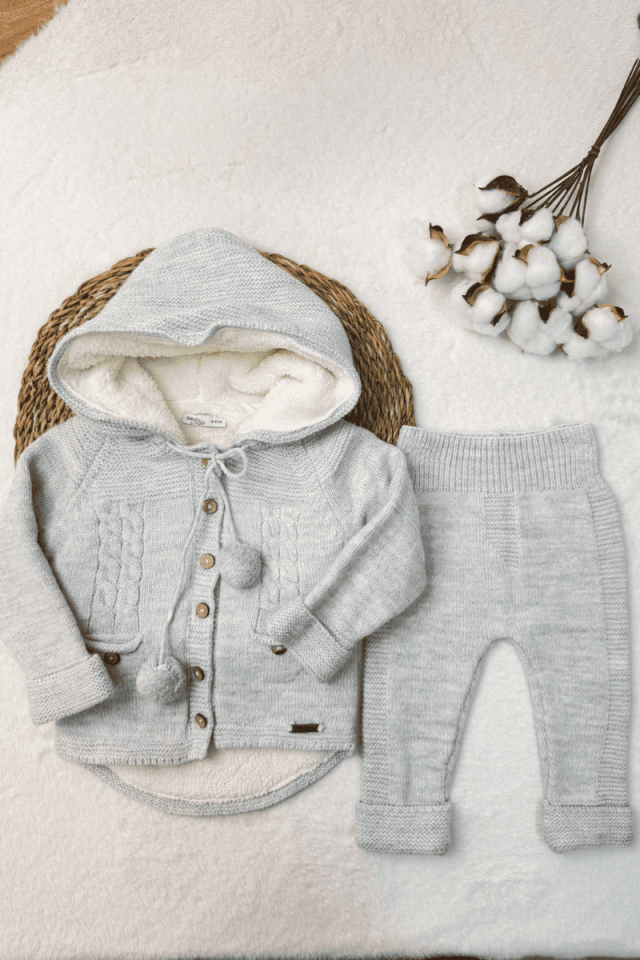 İçi Welsoft  Kuzu Yünü Kapşonlu Cepli Triko Ceketli Bebek Takım 6-9/9-12/12-18/18-24 Ay