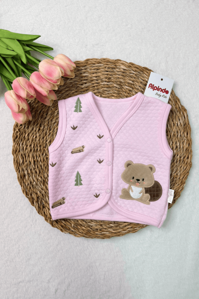 Sincap Nakışlı Kapitone %100 Pamuk Kız Bebek Yelek 0-3/3-6/6-9/9-12 Ay