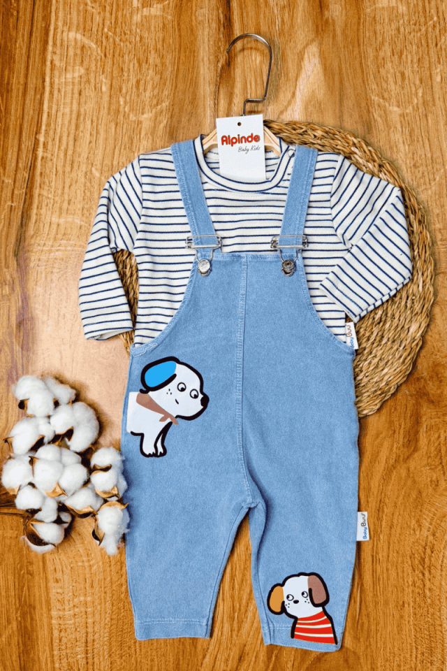 Köpek Baskılı Erkek Bebek Kot Salopetli Takım - Açık Mavi 6-9/9-12/12-18/18-24 Ay
