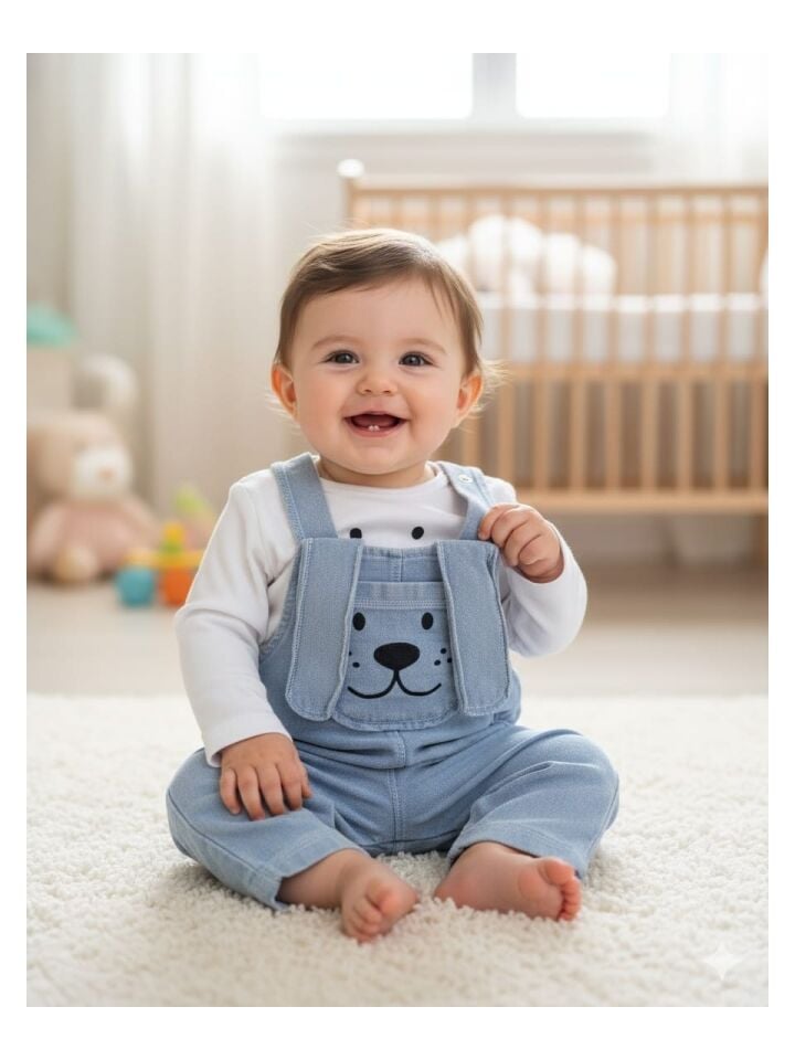 Köpek Desenli Erkek Bebek Kot Salopetli Takım - Açık Mavi 6-9/9-12/12-18/18-24 Ay