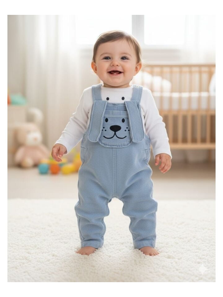 Köpek Desenli Erkek Bebek Kot Salopetli Takım - Açık Mavi 6-9/9-12/12-18/18-24 Ay