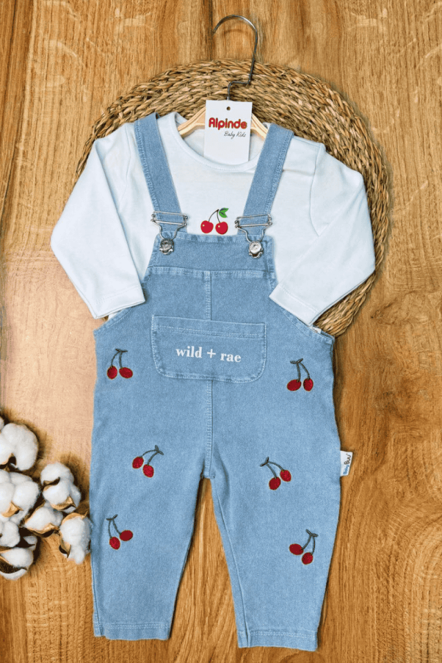 Kiraz Nakışlı Kız Bebek Kot Salopetli Takım - Açık Mavi 6-9/9-12/12-18/18-24 Ay
