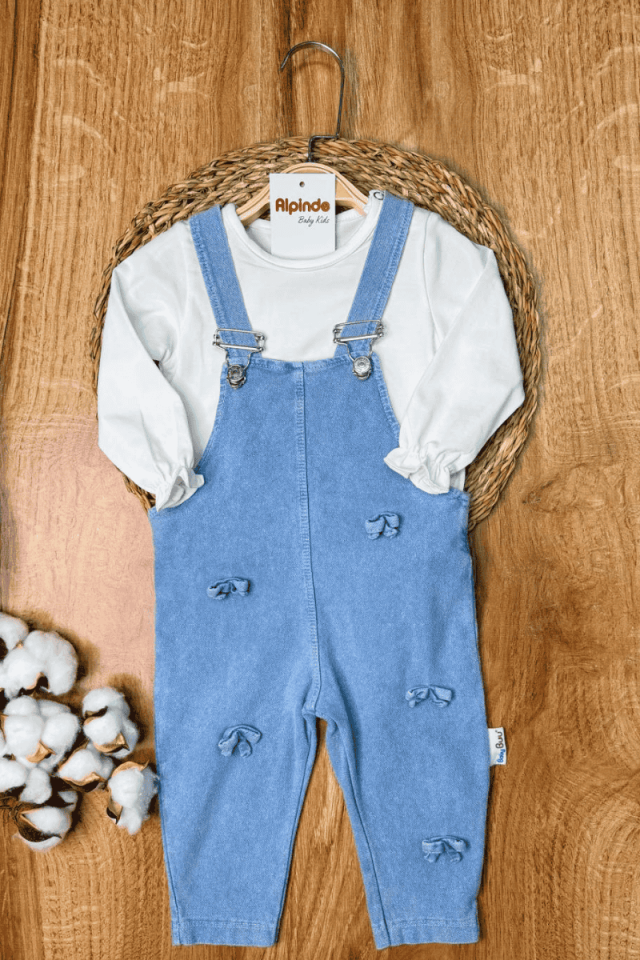 Fiyonklu Uzun Kollu Likralı Kot Mevsimlik 2li Salopet Set - Açık Mavi 6-9/9-12/12-18/18-24 Ay