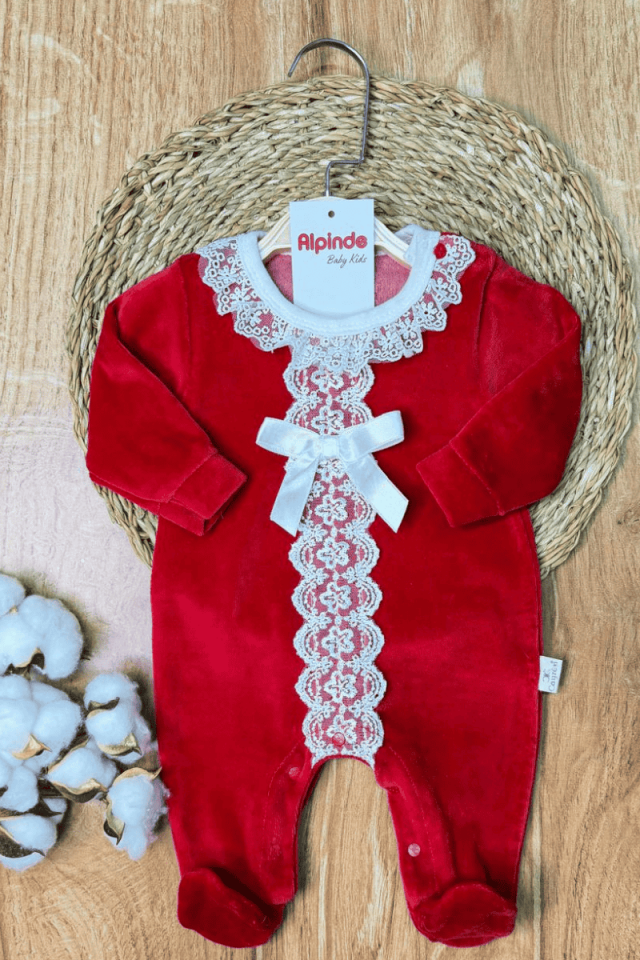 Brode Dantelli Kadife Kışlık Kız Bebek Tulum 0-3/3-6/6-9 Ay