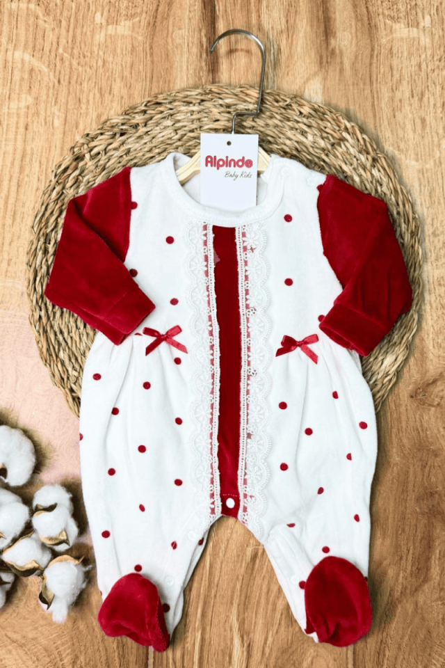 Brode Dantelli Puantiyeli Kadife Kışlık Kız Bebek Tulum 0-3/3-6/6-9 Ay