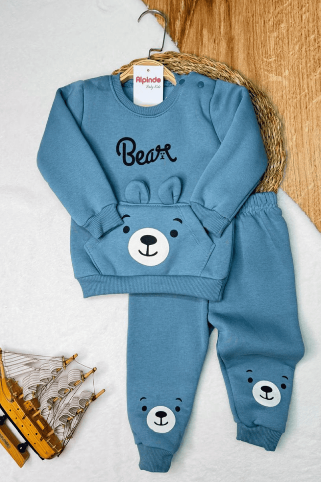 Ayıcık Baskılı Kanguru Cepli İçi Şardonlu 3 İp 2li Takım 9/12/18 Ay