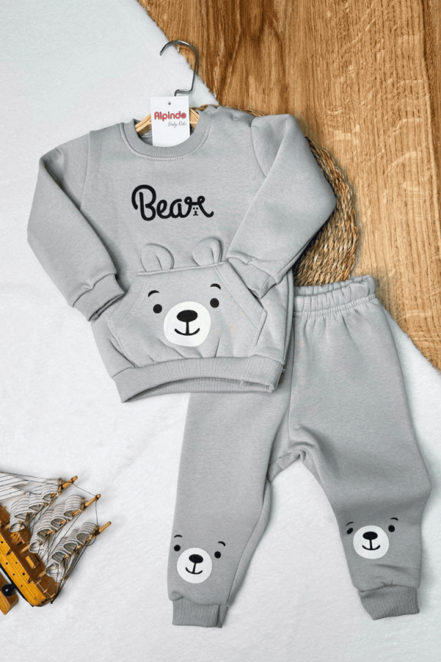 Ayıcık Baskılı Kanguru Cepli İçi Şardonlu 3 İp 2li Takım 9/12/18 Ay