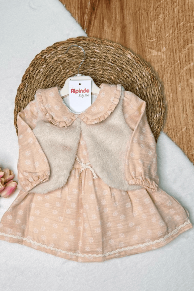 Peluş Yelekli Müslin % 100 Pamuk Kız Bebek Elbise 6-9/9-12/12-18/18-24 Ay