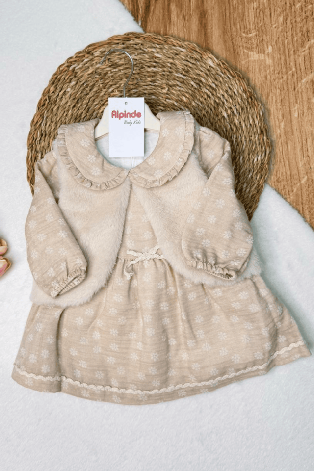 Peluş Yelekli Müslin % 100 Pamuk Kız Bebek Elbise 6-9/9-12/12-18/18-24 Ay