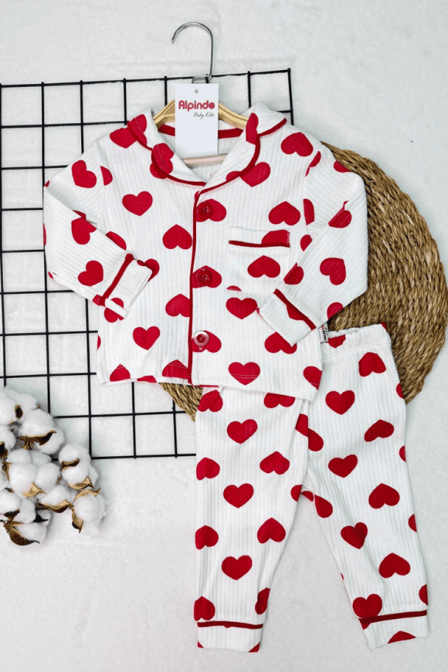 Büyük Kalp Desenli Önden Düğmeli Pijama Takımı 6-9/9-12/12-18/18-24
