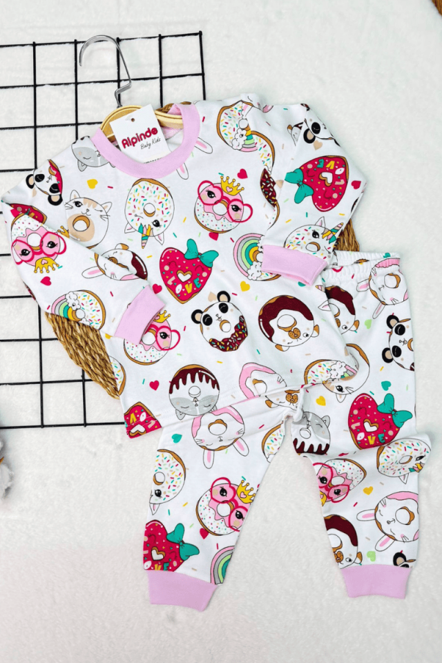 Donut Baskılı Bisiklet Yaka % 100 Pamuklu Kız Bebek Pijama 6/12/18 Ay