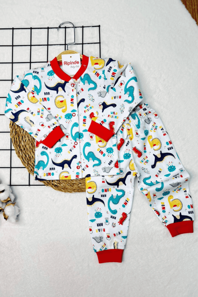 Dinazor Baskılı Önden Çıtçıtlı Bisiklet Yaka % 100 Pamuklu Erkek Bebek Pijama 6/12/18 Ay