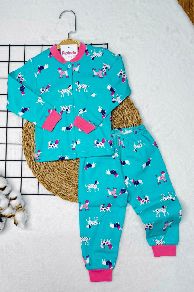 Köpek Baskılı Önden Çıtçıtlı Bisiklet Yaka % 100 Pamuklu Kız Bebek Pijama 6/12/18 Ay