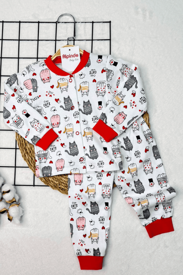 Kedi Baskılı Önden Çıtçıtlı Bisiklet Yaka % 100 Pamuklu Kız Bebek Pijama 6/12/18 Ay