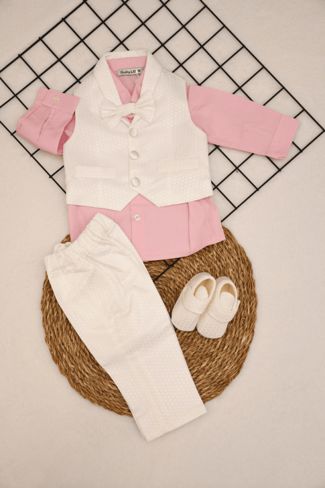 Kendinden Petek Desenli Yelekli ve Papyonlu Pamuklu Mevlüt Takım 3-6/9-12 Ay