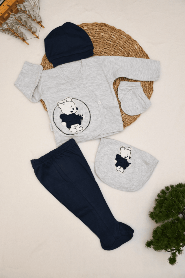 Ayıcık Nakışlı Yenidoğan % Pamuklu Erkek Bebek 5li Zıbın Set